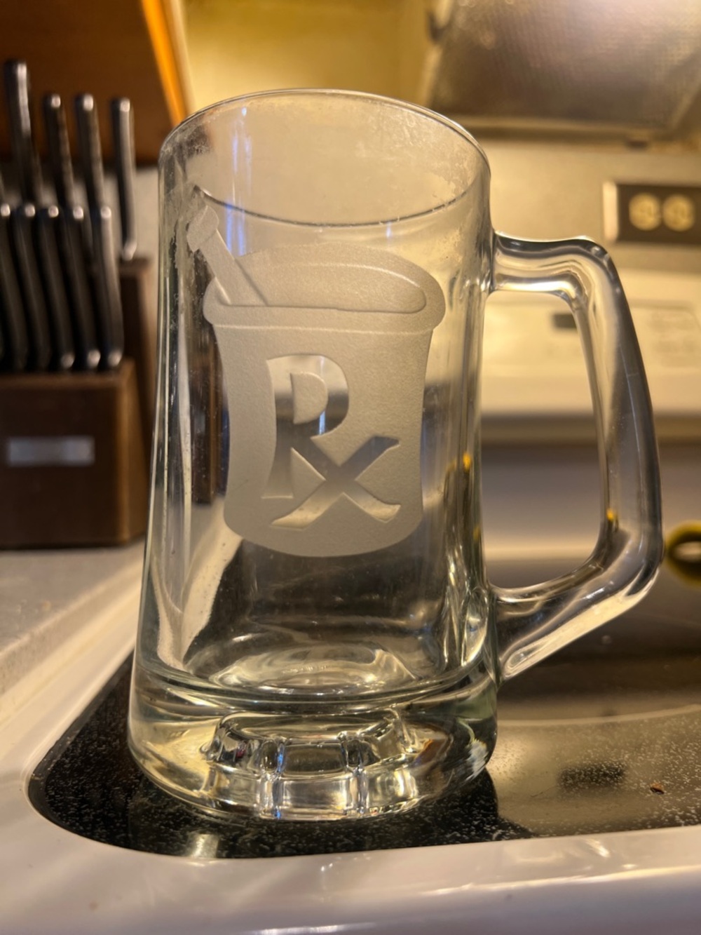 Etched Glass Beer Mug with Rx Prescription Design - Clear